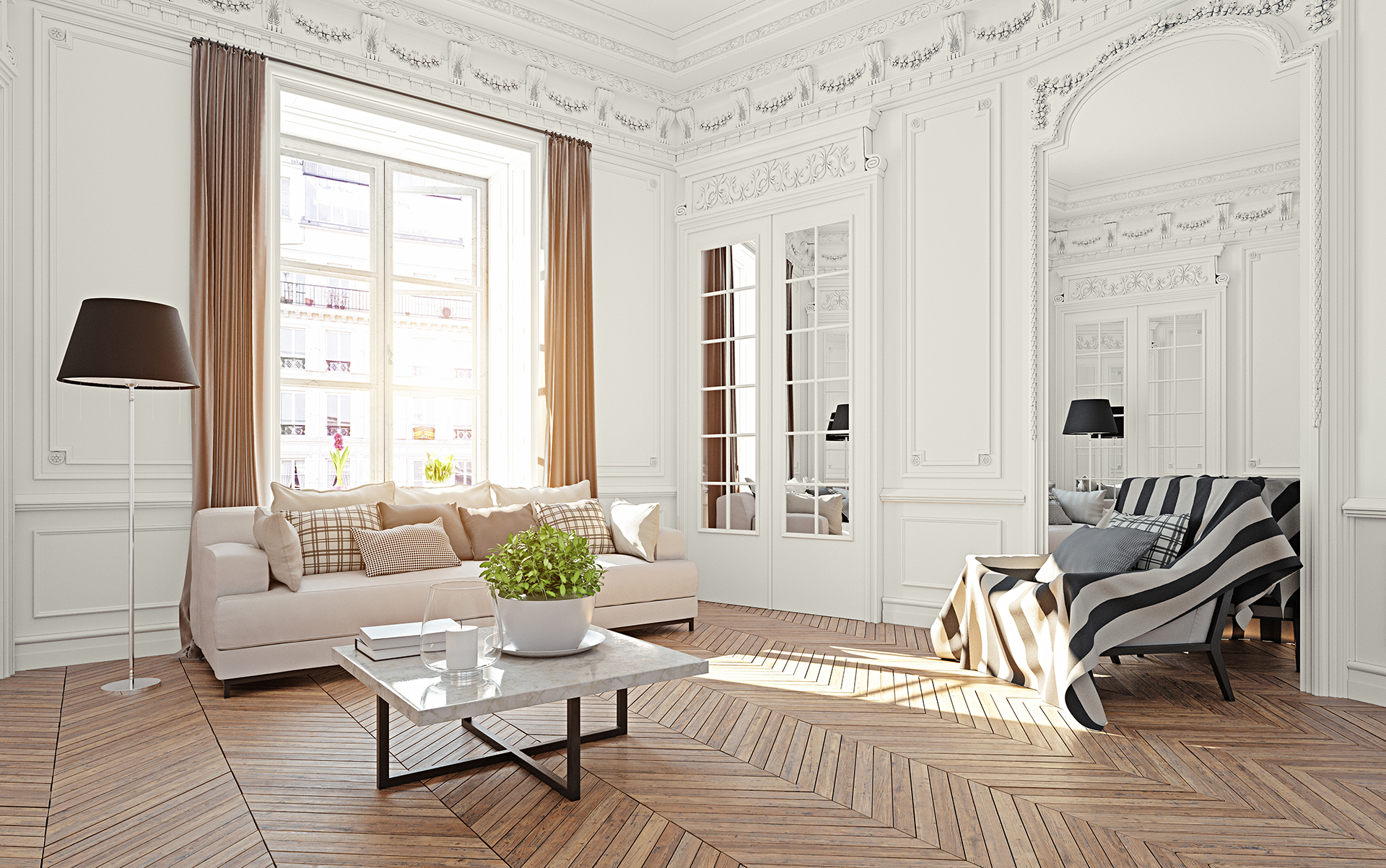 Styl klasyczny w salonie. Kolor ścian to C1 Biały Diament MAGNAT Ceramic.